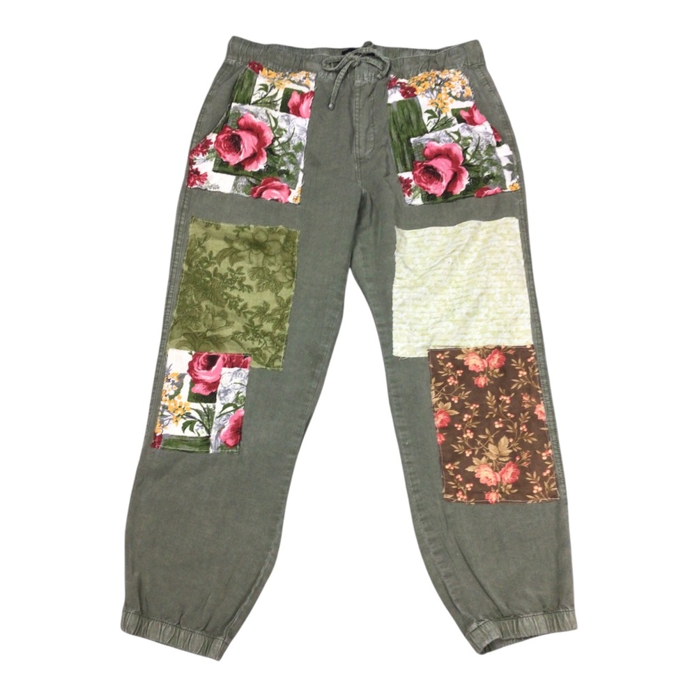 Sanctuary Upcycled OOAK Olive Patchwork Floral Jogger Pants Medium Pockets
